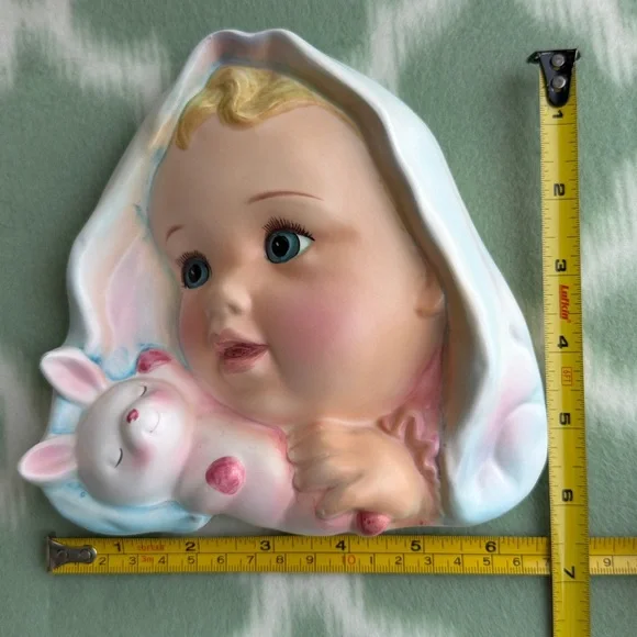 1965 Vintage Ucagco Japan ceramic hand painted Baby Wall Plaques - Pink and Blue - Picture 9 of 9